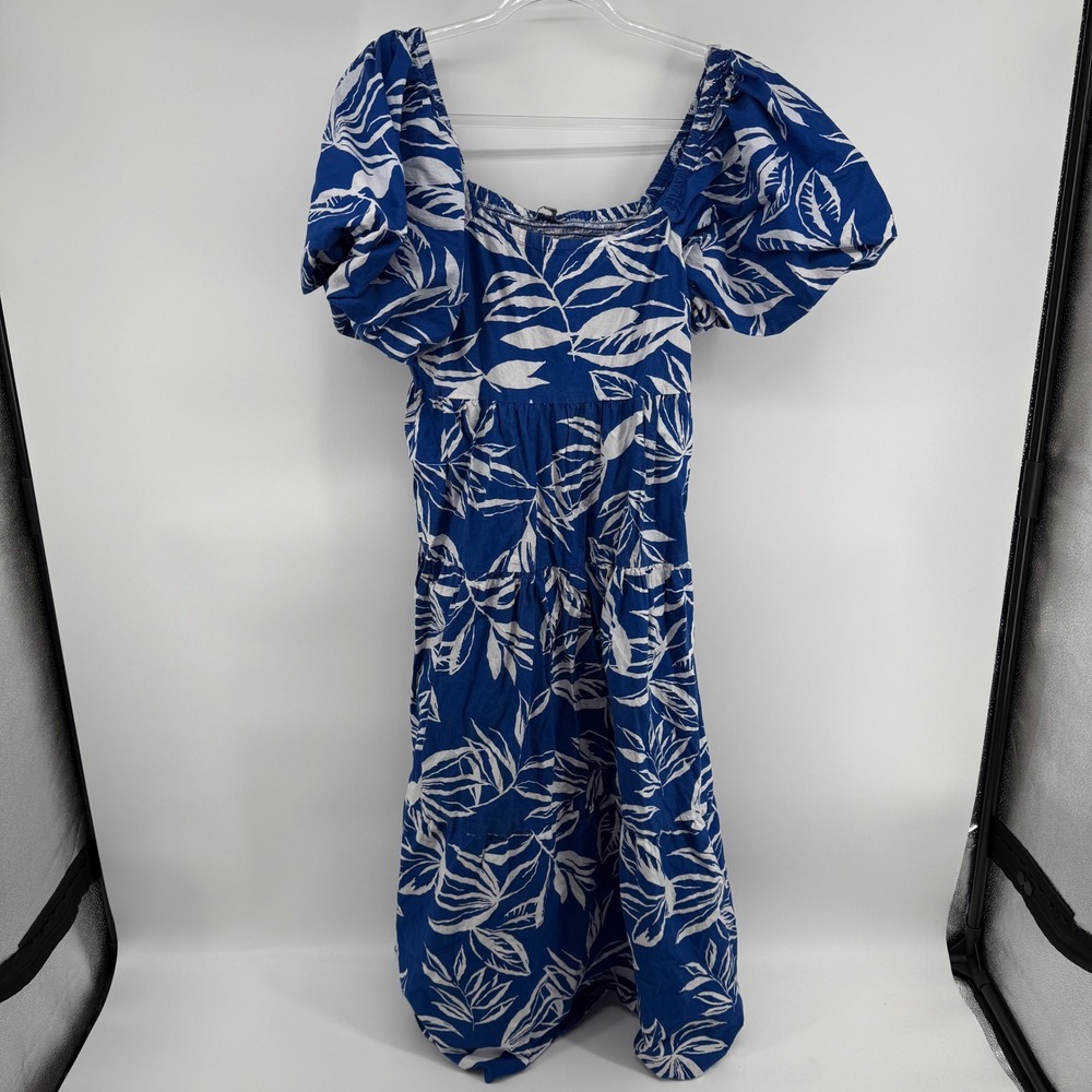 J GEE Blue White Leaf Print Square Neck Puff Sleeve Tiered Maxi Dress PXL